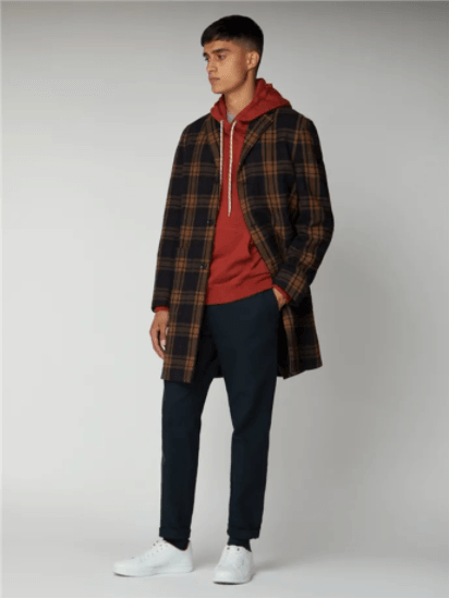 Long Orange and Navy Blue Wool Check Tailored Coat - lacontra